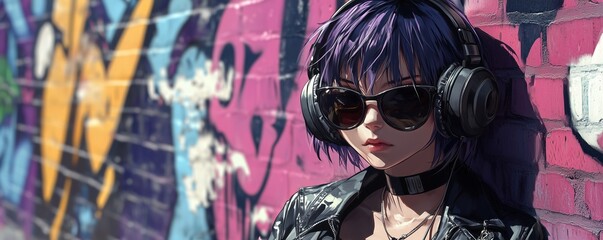 Fototapeta premium Young stylish woman character with short purple hair and sleek sunglasses, wearing oversized headphones and a leather jacket, leaning against a graffiti covered wall.