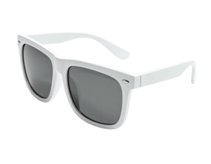 Bright white sunglasses with grey lenses, set against a black background