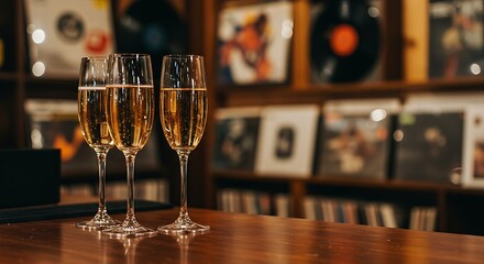 Elegant champagne flutes filled with a light-colored sparkling wine on a bar counter, with a blurred backdrop of a vintage record store with vinyl records on shelves. 