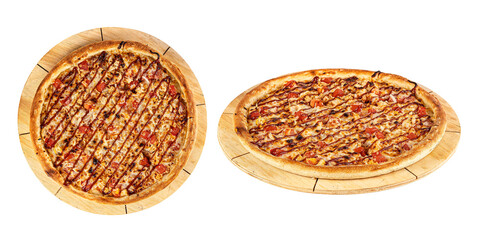 Pizza with barbecue sauce, chicken, cheese, on a wooden board, cut into portions, isolated on a transparent background