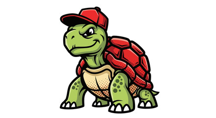 Fototapeta premium Cool cartoon turtle character wearing a baseball cap against white background illustration of an