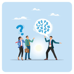 Business Team Discussion Outdoors. People Asking Questions And Sharing Ideas In A Speech Bubble.