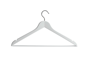 Isolated white wooden clothes hanger with a shiny metal hook against a black background