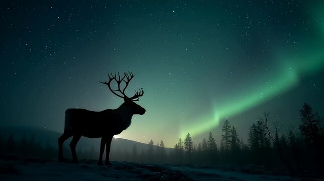 A silhouette of a reindeer against the northern lights.