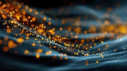 Abstract digital wave with glowing golden particles on a dark background