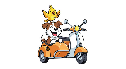 Cartoon dog and bird riding on a scooter with sidecar enjoying the adventure of the ride together