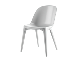 A glossy, white chair with a curved back and sleek, modern legs against black