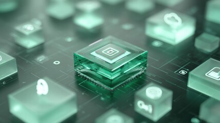 Transparent green cubic modules with digital icons on a circuit-like surface, representing advanced technology and data processing.