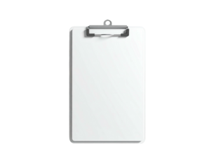 A blank clipboard with a metal clip, rendered on a solid black background