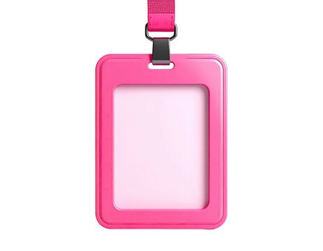 A bright pink, rectangular ID badge with lanyard, against a stark black backdrop