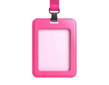 A bright pink, rectangular ID badge with lanyard, against a stark black backdrop