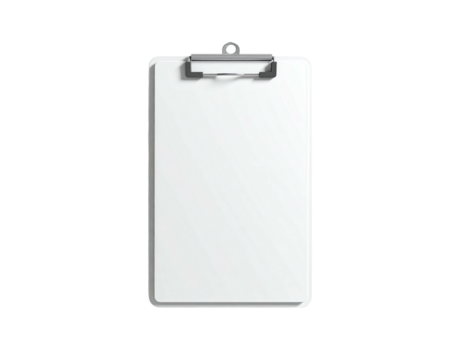 A blank clipboard with a metal clip, rendered on a solid black background
