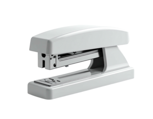 Isolated white office stapler, front view against a dark background