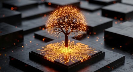 Modern digital tree with glowing roots for technology concept design