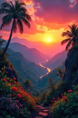 Golden Sunset Illuminates Exotic Landscape Breathtaking Panorama of Vibrant Hues and Lush Flora