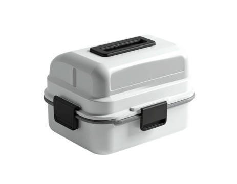 A white, rectangular container with a black handle and latches, rendered