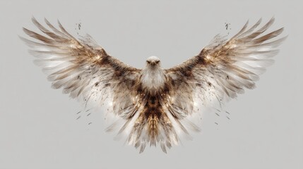A bird of prey in mid-flight with outstretched wings, captured against a neutral background.