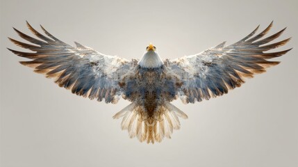 Bald eagle in flight with wings fully extended against a neutral background