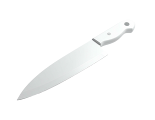 A white chef's knife diagonally angled against a deep black background