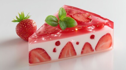 A slice of strawberry jelly cake with fresh strawberries and mint garnish