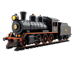 Classic black steam locomotive model on rails, with details in gold and orange