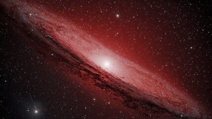 A spiral galaxy with a bright central core and red-hued dust lanes, set against a star-filled cosmic background.