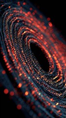 Abstract digital vortex with glowing red particles forming concentric rings against a dark background