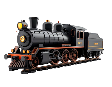 Classic black steam locomotive model on rails, with details in gold and orange