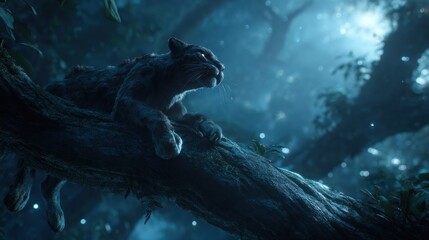 A snow leopard rests on a tree branch in a misty, moonlit forest.