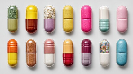 Assorted colorful capsules arranged in two rows on a neutral background