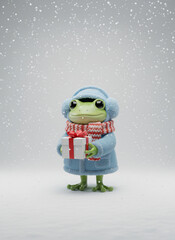 A charming frog adorned with winter accessories and a gift box stands amidst gentle snowfall adding festive cheer. Generative AI