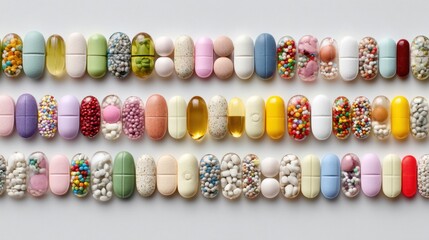 Rows of colorful pills and capsules arranged neatly in a grid pattern on a white background