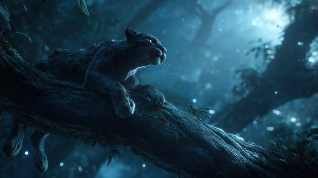 A snow leopard rests on a tree branch in a misty, moonlit forest.