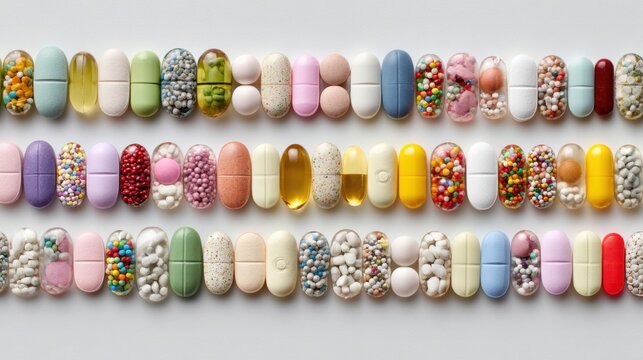 Rows of colorful pills and capsules arranged neatly in a grid pattern on a white background