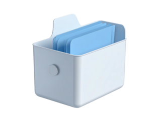 A light blue box with documents inside, a handle on the side, on black