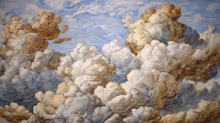 Dramatic sky filled with voluminous cumulus clouds in soft hues of white, gray, and gold against a pale blue background