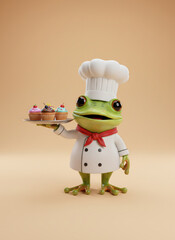 Charming Frog Chef Displaying Delicious Cupcakes A Delightful 3D Render of an Amphibian Pastry Professional with Culinary Creations. Generative AI