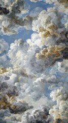 Dramatic sky filled with voluminous clouds in various shades of white, gray, and gold against a blue background