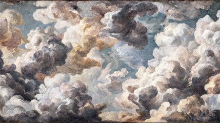 A painted sky filled with voluminous clouds in various shades of white, gray, and brown, depicting a dynamic and textured atmosphere.