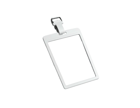 Rectangular white plastic badge holder with a clip, floating in the dark