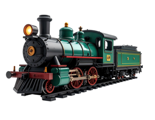 3D rendered vintage steam train, teal and black, on tracks, head-on perspective