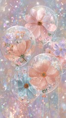 Transparent balloons filled with delicate flowers floating against a sparkling, pastel background