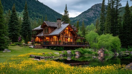 Log cabin nestled in a mountain valley with a pond and wildflowers