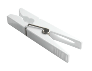 Isolated close-up of a white plastic clothes pin with a metal spring