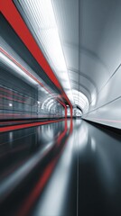Obraz premium Modern subway tunnel with red and white lighting, reflective floor, and motion blur effect
