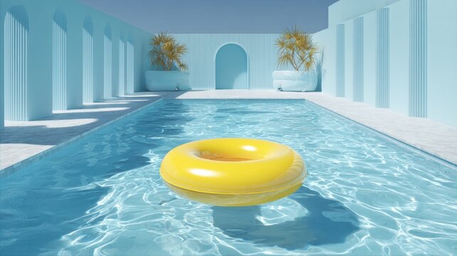 A yellow inner tube floats in a clear blue indoor pool surrounded by white columns and potted plants.
