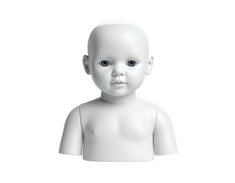 A white, blank-faced doll torso against a black background, eyes open