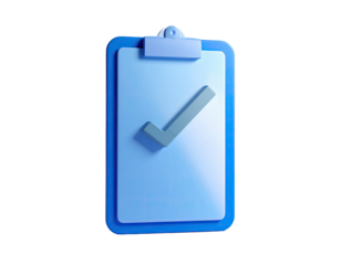 Blue clipboard with a checkmark icon, against a black background, 3D render