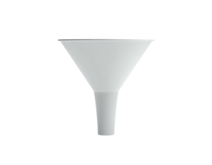 A smooth white funnel with a wide mouth, long neck, and a black backdrop