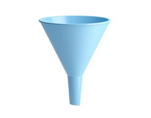 A light blue, smooth plastic funnel with a wide mouth and a narrow spout